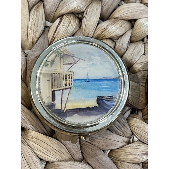 VTG Makeup & Trinket Boxes Lot Of 2 Sea Side Scene & Victorian Lady Regency - Picture 2 of 11